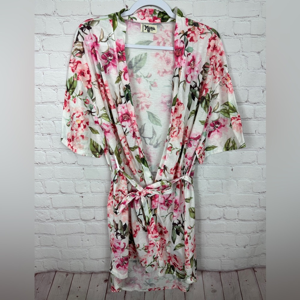 Show Me Your Mumu Kimono Robe One Size Brie Floral Rose White Pink Tie GUC